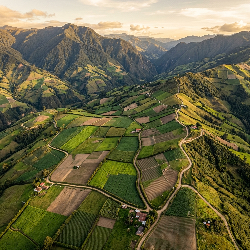Vista aérea de parcelas de cultivo en la región del Guavio