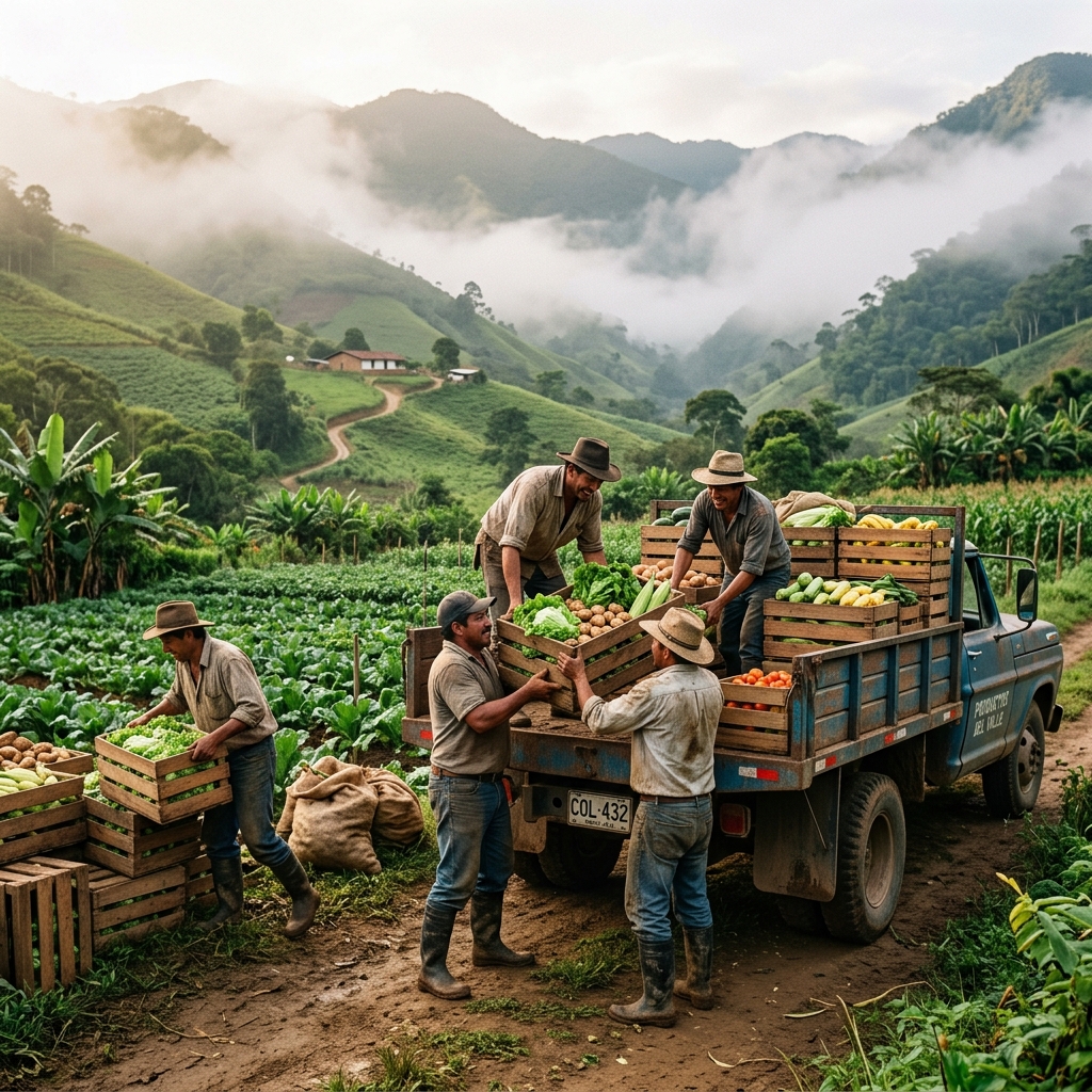 Campesinos productores del Guavio cargando cajas de productos agrícolas